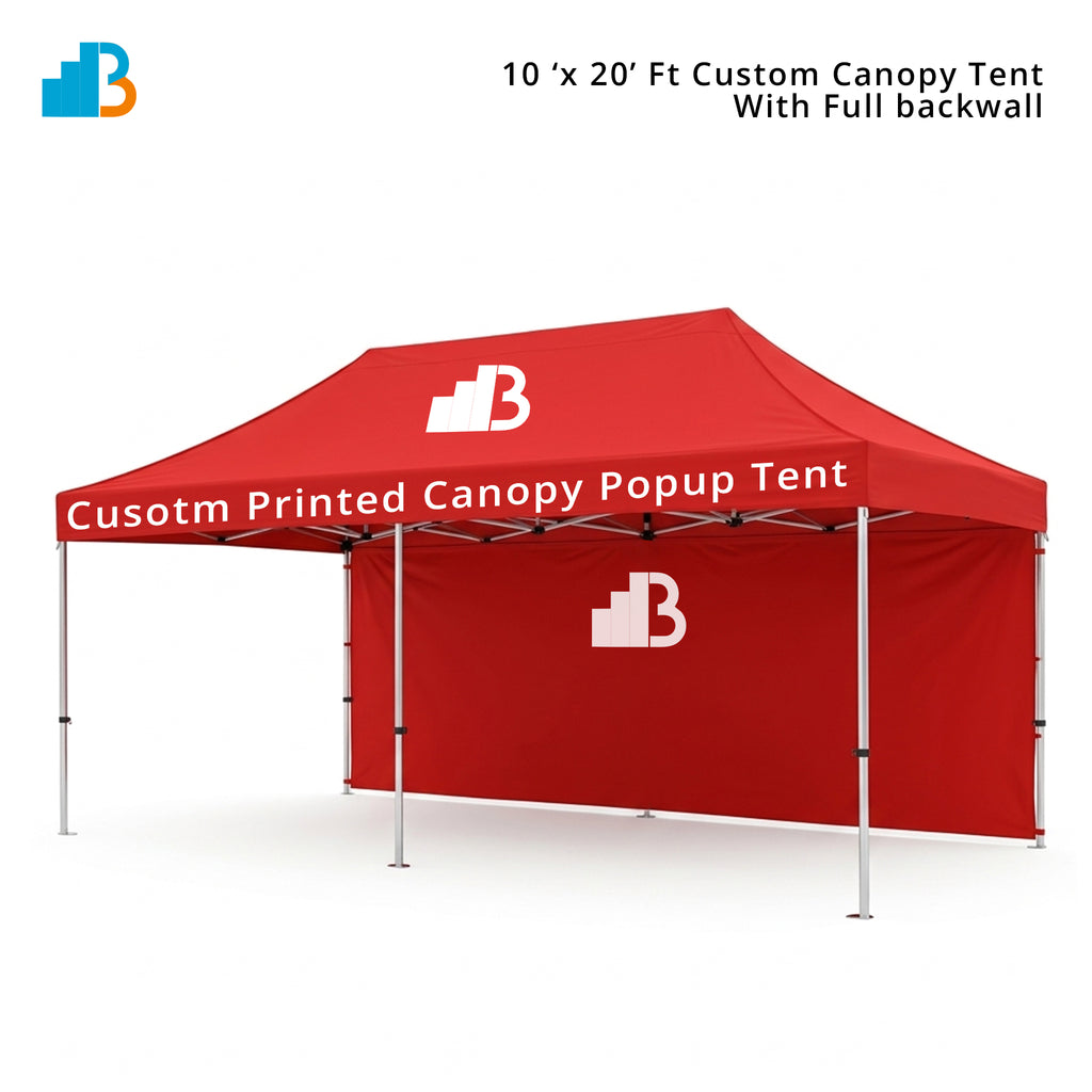 Red canopy popup tent with full backwall on a white background