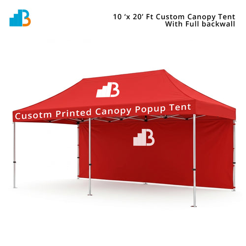 Red canopy popup tent with full backwall on a white background