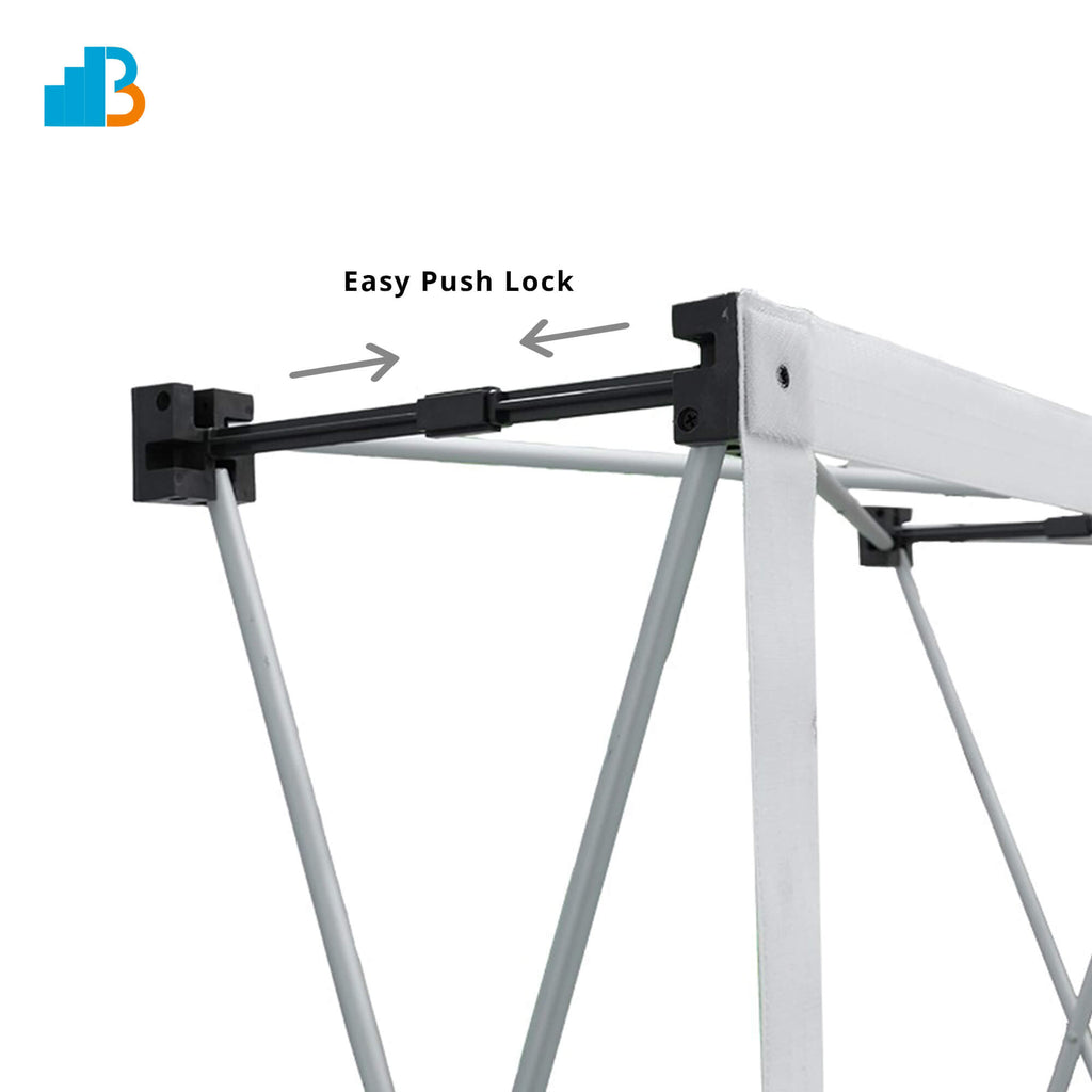 Close-up of a metal support frame showing a black quick-release lock mechanism with arrows and the text 'Easy Push Lock' on a white background, with a blue and orange logo in the top-left corner.