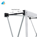 Close-up of a metal support frame showing a black quick-release lock mechanism with arrows and the text 'Easy Push Lock' on a white background, with a blue and orange logo in the top-left corner.