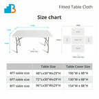 Size chart graphic for a fitted table cloth, showing a table diagram with labeled width and height measurements and a table covering size layout. A size table at the bottom lists cloth sizes for 4FT, 6FT, and 8FT tables.