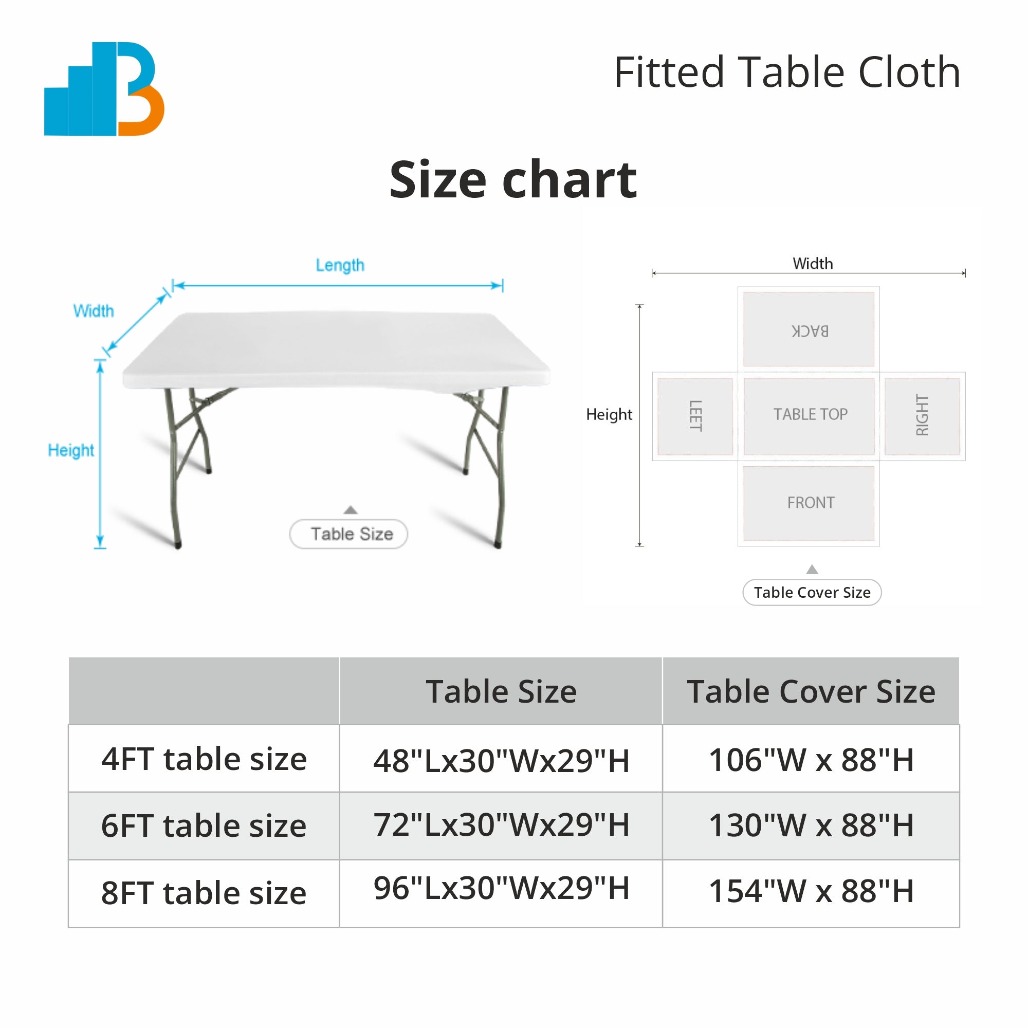 Size chart graphic for a fitted table cloth, showing a table diagram with labeled width and height measurements and a table covering size layout. A size table at the bottom lists cloth sizes for 4FT, 6FT, and 8FT tables.