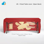 A red fitted table cover with an open back, shown on a folding table against a light gray studio background. The cover features printed graphics.