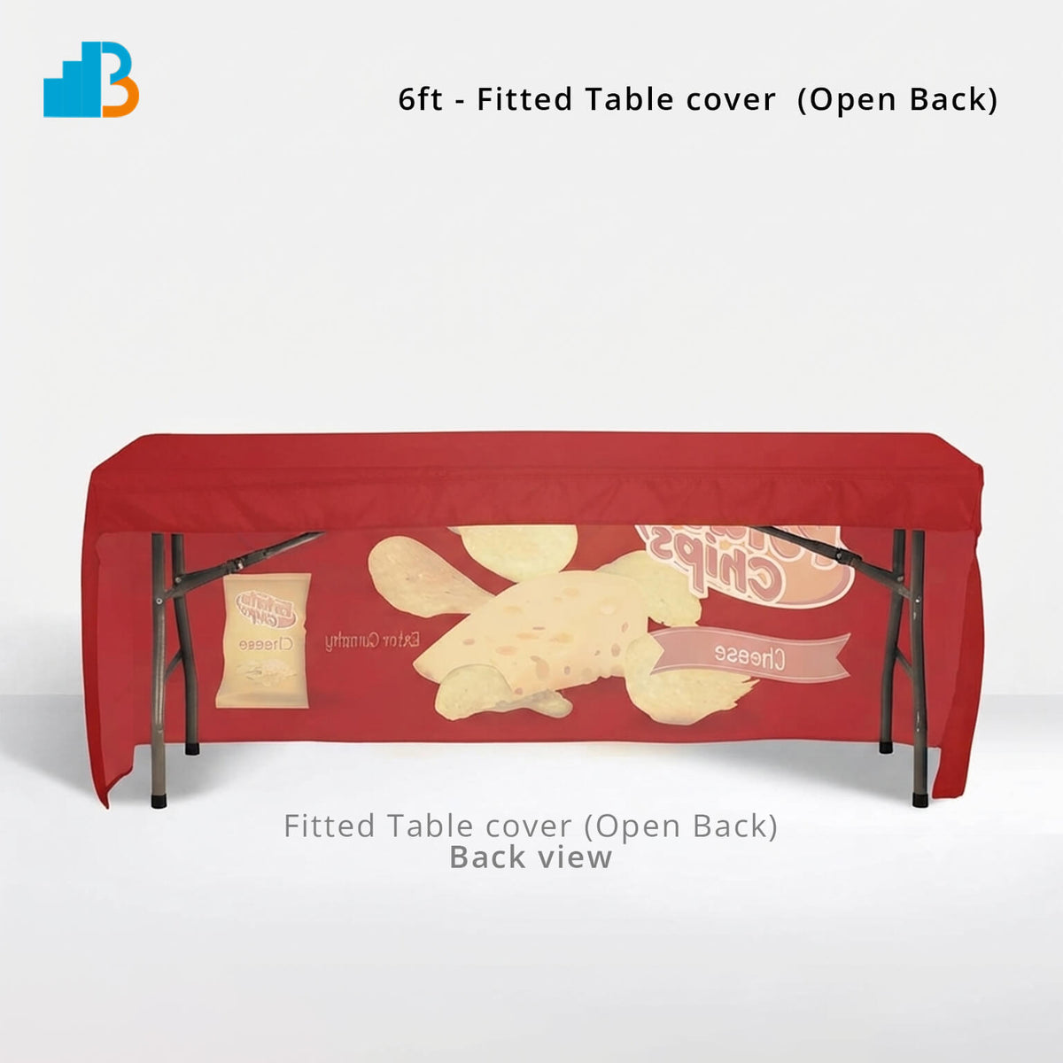 A red fitted table cover with an open back, shown on a folding table against a light gray studio background. The cover features printed graphics.