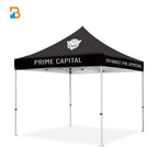 Black promotional tent with 'Prime Capital' branding on a white background