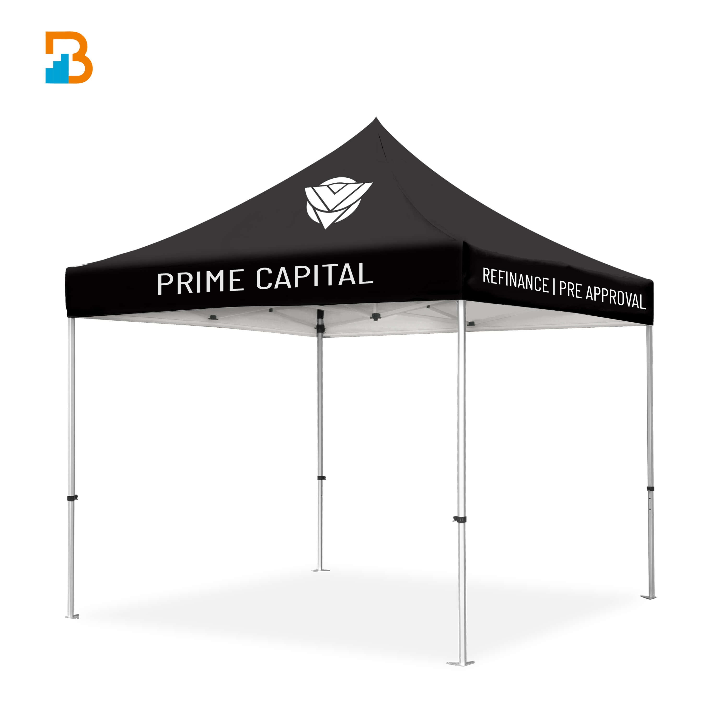 Black promotional tent with 'Prime Capital' branding on a white background