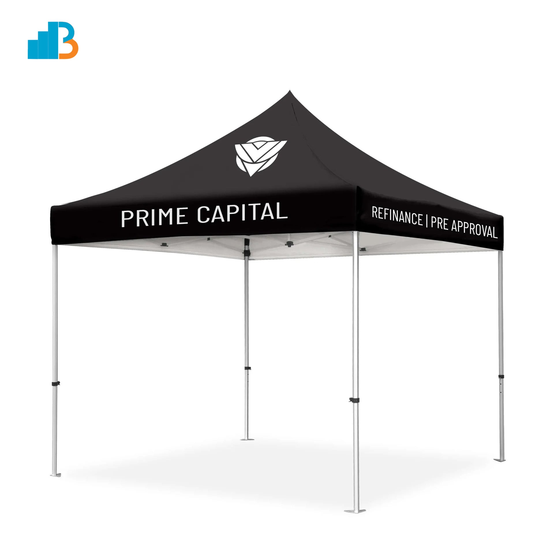 Black pop-up tent with 'Prime Capital' branding on a white background