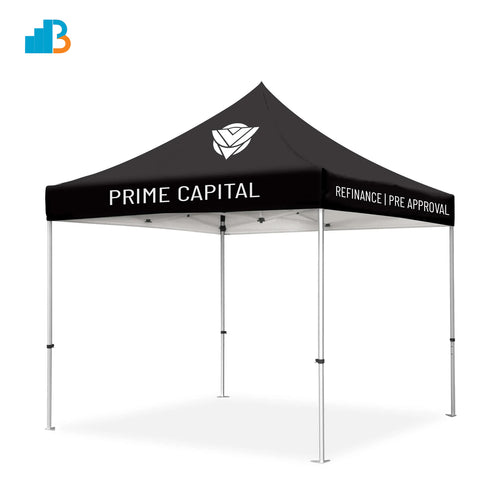 Black pop-up tent with 'Prime Capital' branding on a white background
