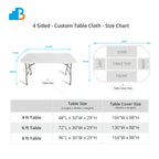 A size chart and measurement diagram for a 4-sided custom tablecloth, showing a table layout with labeled width, length, and height, plus a table listing table sizes from 4 ft to 8 ft and corresponding table cover sizes.